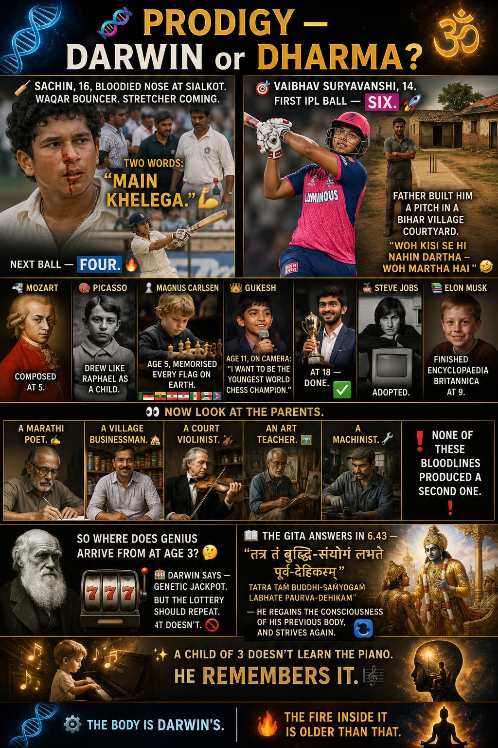 Prodigy — Darwin or Dharma? A vertical infographic: Sachin's 'main khelega', Vaibhav's first-ball six, Mozart and Picasso composing as children, ordinary parents below, and the Gita's answer in verse 6.43 — concluding that the body is Darwin's but the fire inside is older than that.