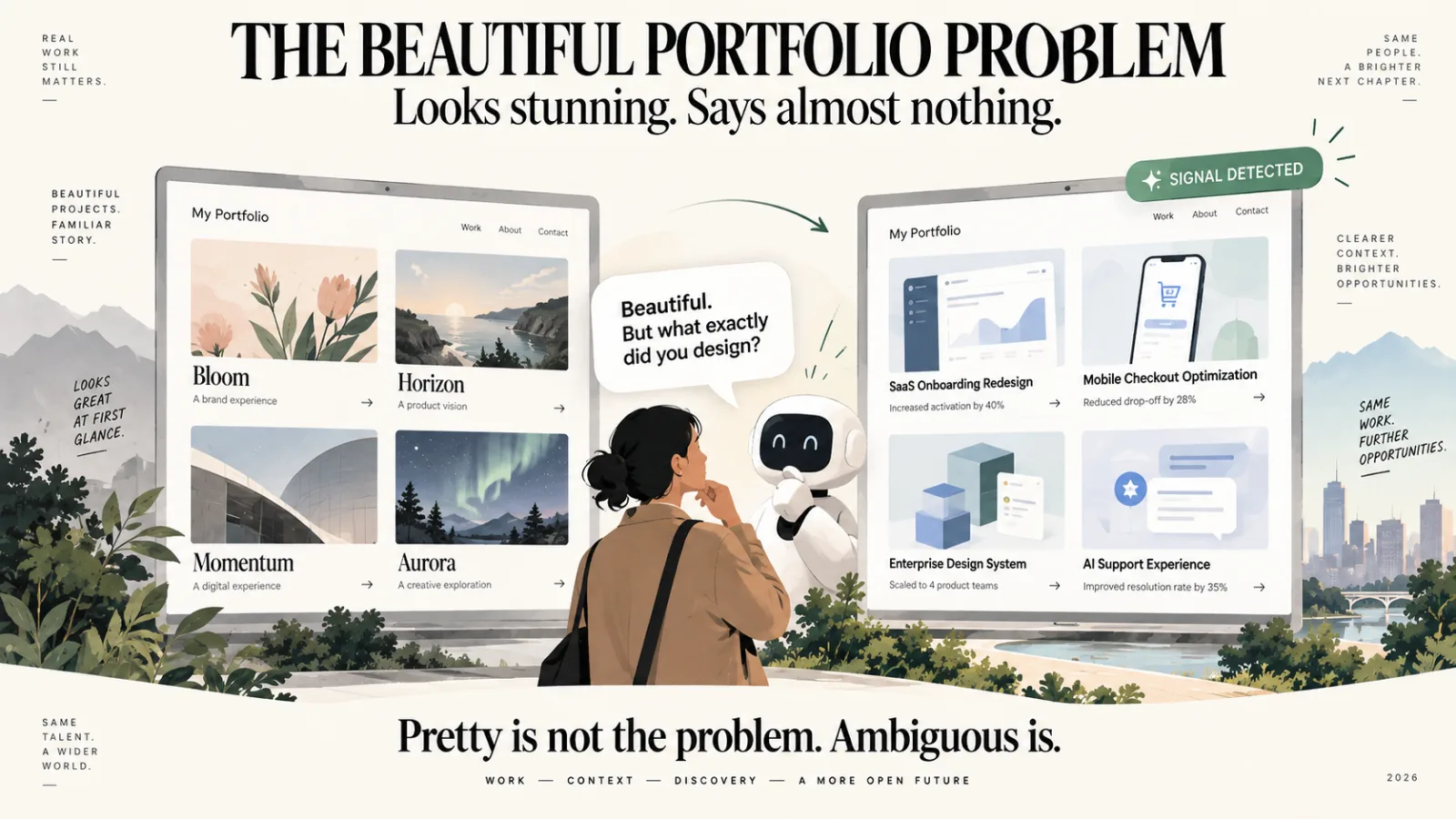 THE BEAUTIFUL PORTFOLIO PROBLEM — looks stunning, says almost nothing. Two laptop screens side by side. The left shows a portfolio of four lovely images titled Bloom, Horizon, Momentum and Aurora, captioned only “a brand experience”, “a product vision”, “a digital experience”, “a creative exploration”; a robot asks “Beautiful. But what exactly did you design?” The right shows the same four projects retitled SaaS Onboarding Redesign, Mobile Checkout Optimization, Enterprise Design System and AI Support Experience, each with an outcome, stamped SIGNAL DETECTED. Beneath: pretty is not the problem, ambiguous is.