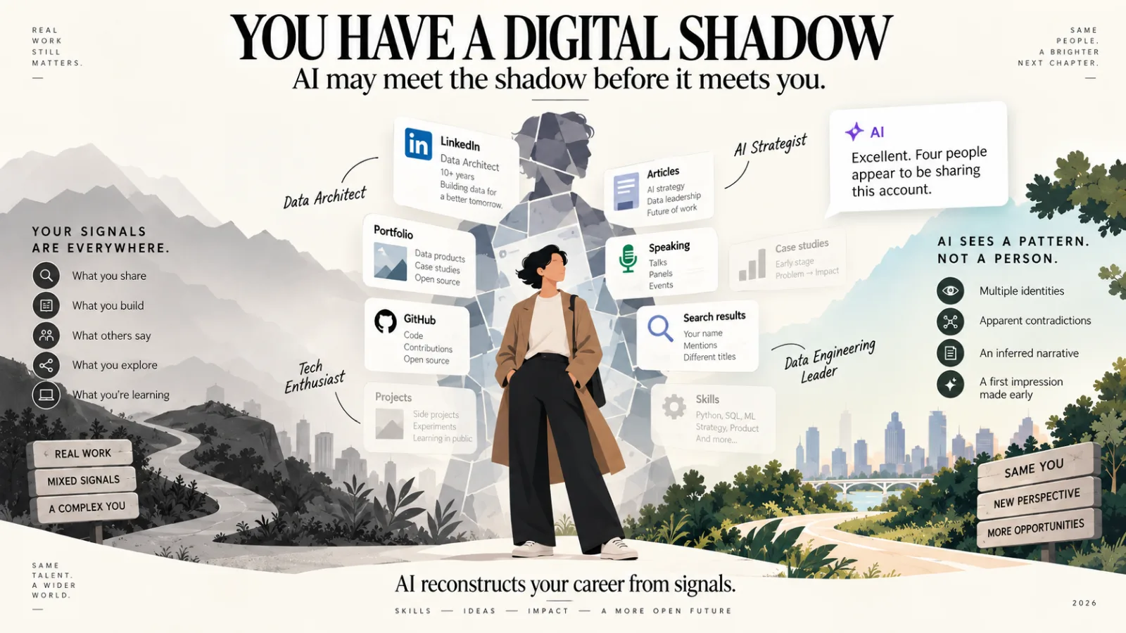 YOU HAVE A DIGITAL SHADOW — AI may meet the shadow before it meets you. A person stands in front of a large faceted silhouette assembled from cards: LinkedIn reading Data Architect, Articles reading AI strategy, a portfolio, GitHub, speaking, case studies, search results and a skills list. Handwritten labels around them read Data Architect, AI Strategist, Tech Enthusiast and Data Engineering Leader. An AI panel says: Excellent. Four people appear to be sharing this account. A column on the right reads: AI sees a pattern, not a person — multiple identities, apparent contradictions, an inferred narrative, a first impression made early.