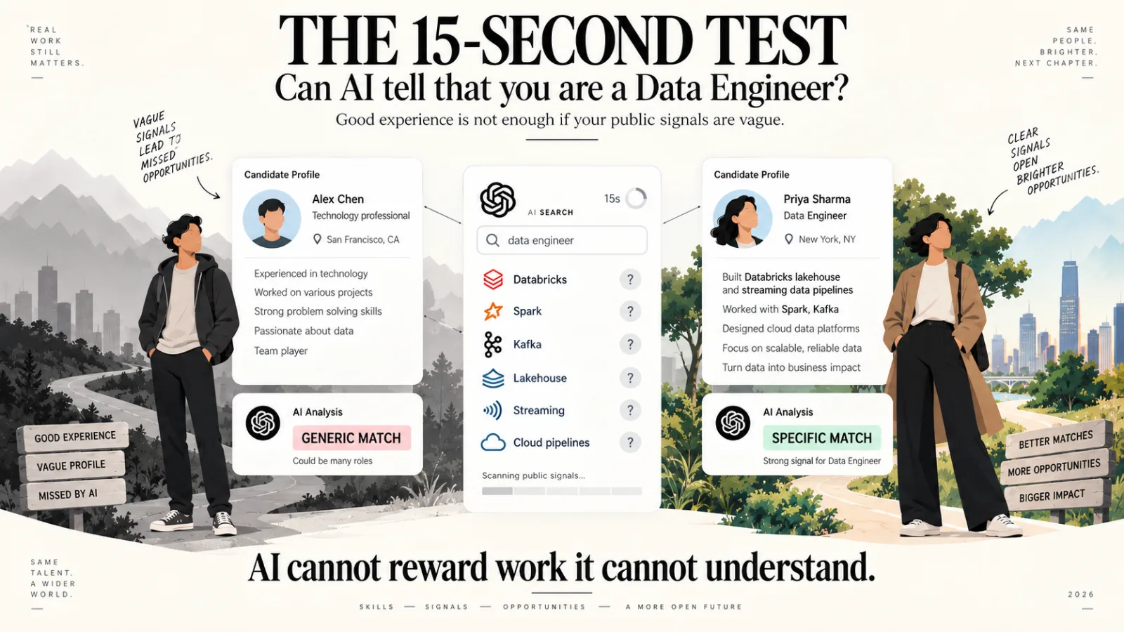 THE 15-SECOND TEST — can AI tell that you are a data engineer? Two candidate profiles either side of an AI search panel counting down from fifteen seconds. On the left, Alex Chen, “technology professional”, whose bullets read experienced in technology, worked on various projects, strong problem solving skills — the analysis returns GENERIC MATCH, could be many roles. On the right, Priya Sharma, Data Engineer, whose bullets name a Databricks lakehouse, streaming pipelines, Spark and Kafka — the analysis returns SPECIFIC MATCH. Beneath: AI cannot reward work it cannot understand.