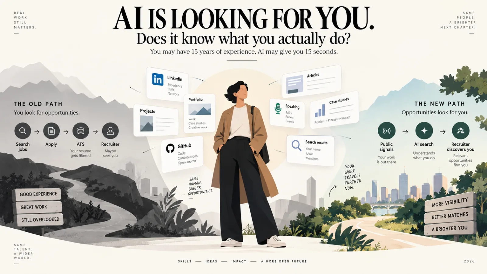 Illustrated opening spread. On the left, THE OLD PATH in grey: search jobs, apply, ATS — your résumé gets filtered — recruiter, maybe sees you, over signposts reading good experience, great work, still overlooked. A person stands in the centre surrounded by cards for LinkedIn, Portfolio, Projects, GitHub, Articles, Speaking, Case studies and Search results. On the right, in colour, THE NEW PATH: public signals, AI search that understands what you do, and a recruiter who discovers you, over signposts reading more visibility, better matches, a brighter you.