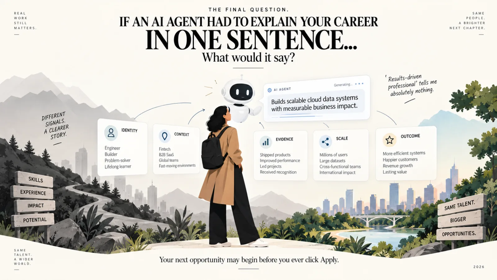 THE FINAL QUESTION — if an AI agent had to explain your career in one sentence, what would it say? A person looks up at an AI panel generating the line “Builds scalable cloud data systems with measurable business impact.” Five cards feed into it: IDENTITY (engineer, builder, problem-solver, lifelong learner), CONTEXT (fintech, B2B SaaS, global teams), EVIDENCE (shipped products, improved performance, led projects), SCALE (millions of users, large datasets, cross-functional teams) and OUTCOME (more efficient systems, happier customers, revenue growth, lasting value). A handwritten note reads: “results-driven professional” tells me absolutely nothing.