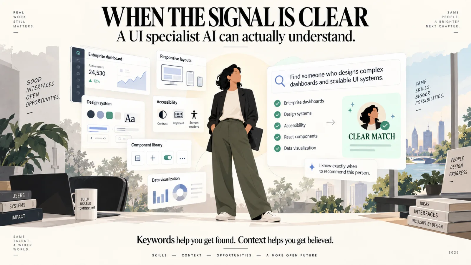 WHEN THE SIGNAL IS CLEAR — a UI specialist AI can actually understand. A designer stands among panels for an enterprise dashboard, responsive layouts, a design system, accessibility, a component library and data visualization. A search reads “Find someone who designs complex dashboards and scalable UI systems” and ticks off enterprise dashboards, design systems, accessibility, React components and data visualization, resolving to a CLEAR MATCH card. The agent says: I know exactly when to recommend this person.