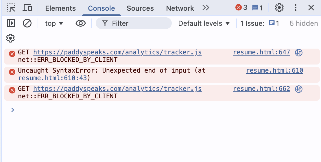 Chrome Console showing multiple errors: ERR_BLOCKED_BY_CLIENT, SyntaxError, and another blocked resource