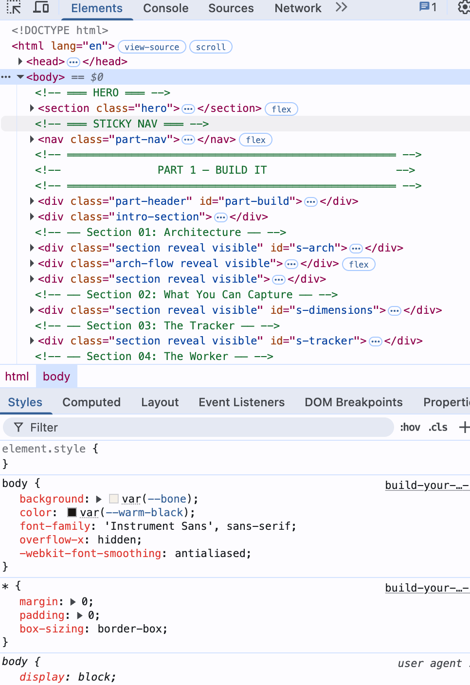 Chrome DevTools Elements panel showing DOM tree of the analytics article with CSS styles pane below