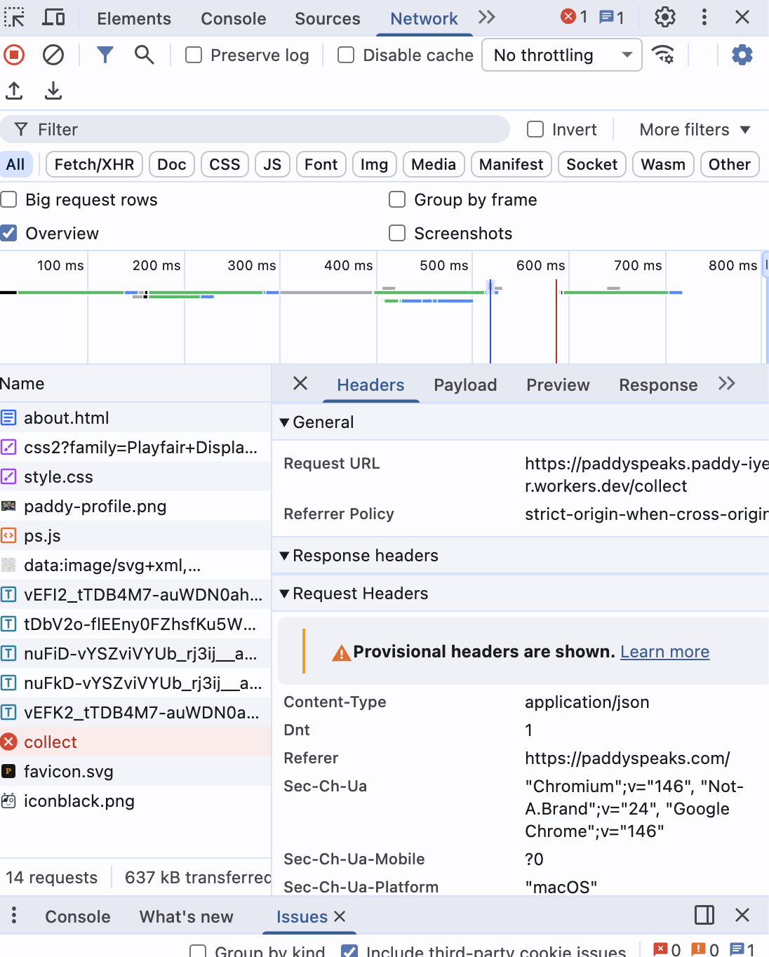 Chrome Network tab showing collect request blocked by ad blocker with provisional headers and DNT:1 header visible