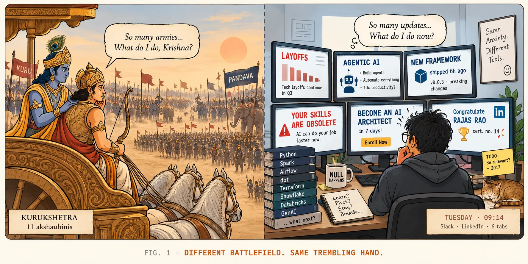 Split panel. Left: Arjuna on his chariot at Kurukshetra, bow lowered, asking Krishna what to do before eleven akshauhinis. Right: a data engineer in the same posture before six monitors reading LAYOFFS, AGENTIC AI, NEW FRAMEWORK, YOUR SKILLS ARE OBSOLETE, BECOME AN AI ARCHITECT IN 7 DAYS, and a note congratulating Rajas Rao on certification no. 14. Caption: Different battlefield. Same trembling hand.