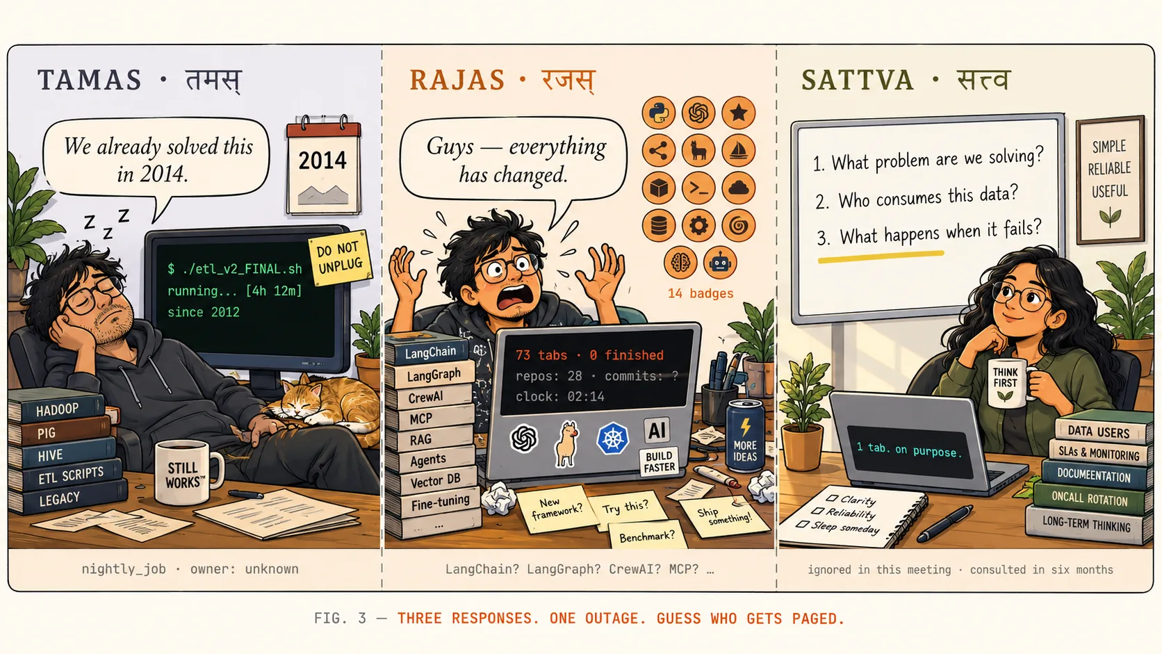 Three panels. Tamas: an engineer dozes before a CRT running etl_v2_FINAL.sh since 2012, saying we already solved this in 2014. Rajas: an engineer panics amid 73 tabs, 0 finished, 14 badges, saying guys, everything has changed. Sattva: a calm architect with a whiteboard reading what problem are we solving, who consumes this data, what happens when it fails. Caption: Three responses. One outage. Guess who gets paged.