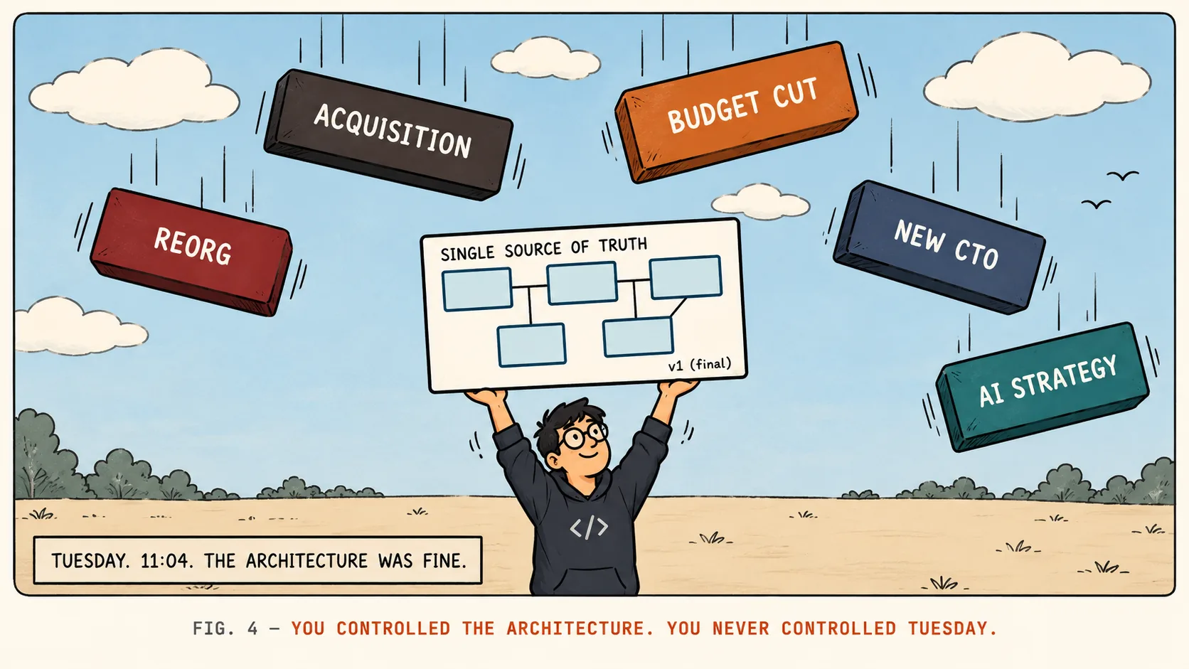 An engineer holds up a tidy architecture diagram labelled SINGLE SOURCE OF TRUTH, v1 final, while heavy blocks labelled REORG, ACQUISITION, BUDGET CUT, NEW CTO and AI STRATEGY fall from the sky. A sign reads: Tuesday, 11:04, the architecture was fine. Caption: You controlled the architecture. You never controlled Tuesday.