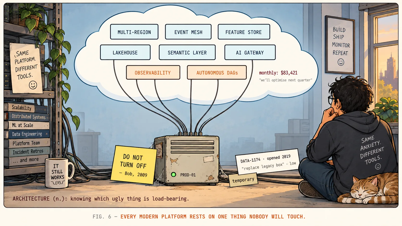 An enormous cloud architecture — multi-region, event mesh, feature store, lakehouse, semantic layer, AI gateway, observability, autonomous DAGs, costing $83,421 a month — with every cable running down into one small beige tower PC labelled PROD-01, beside a sticky note reading DO NOT TURN OFF, Bob, 2009. Caption: Every modern platform rests on one thing nobody will touch.