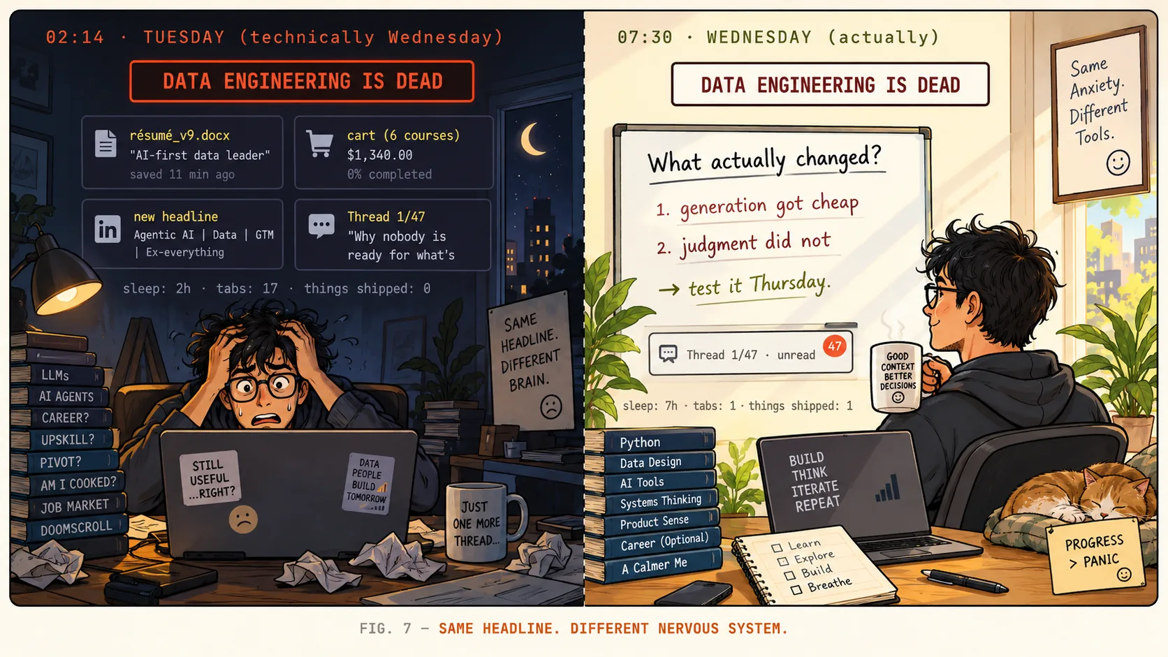 Two panels responding to the same headline, DATA ENGINEERING IS DEAD. Left, 02:14: an engineer clutches their head amid a résumé rewrite, a $1,340 course cart, a new LinkedIn headline and a 47-part thread; sleep 2h, tabs 17, things shipped 0. Right, 07:30: an engineer with coffee and a whiteboard reading what actually changed — generation got cheap, judgment did not, test it Thursday; sleep 7h, tabs 1, things shipped 1. Caption: Same headline. Different nervous system.