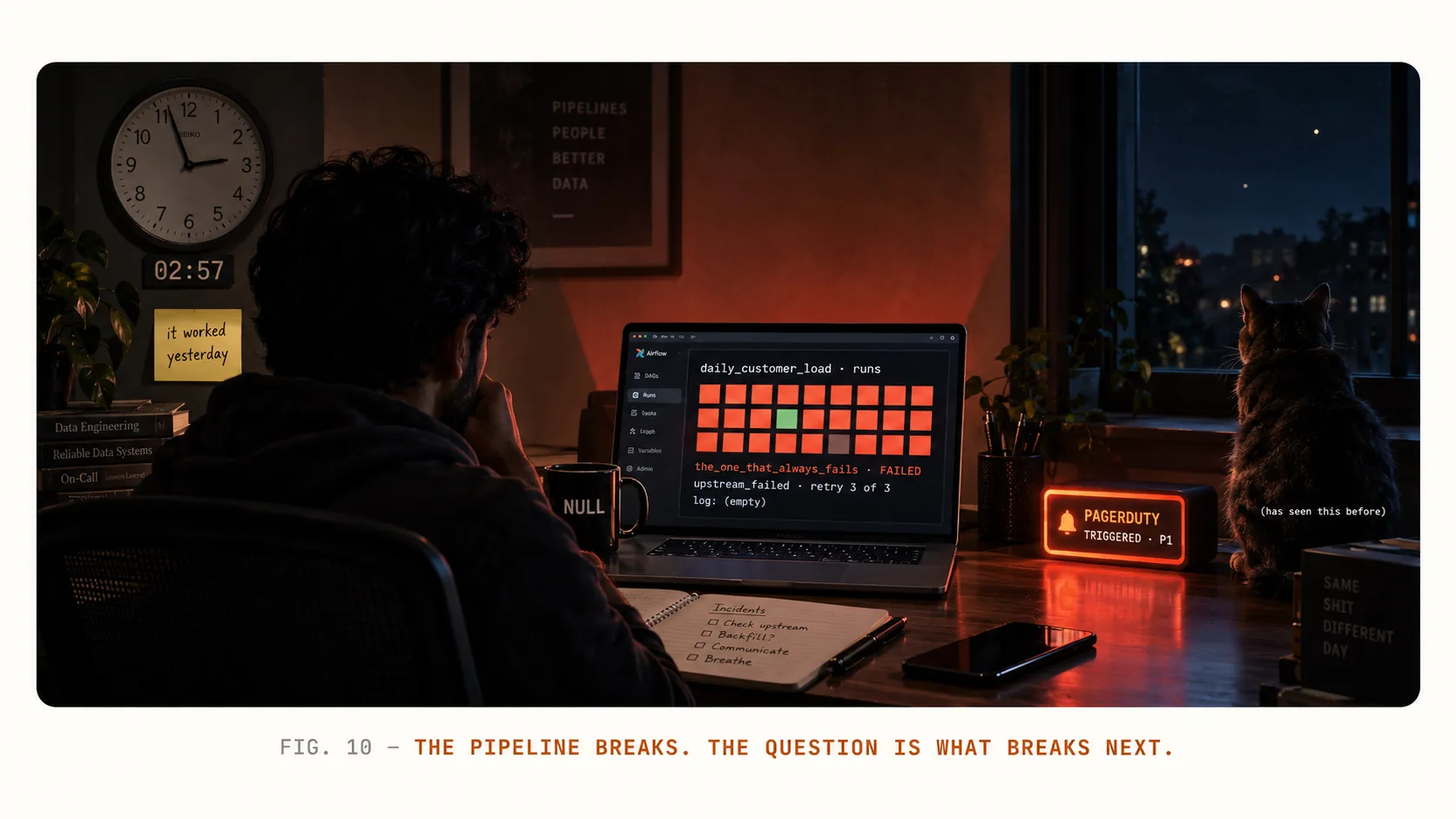 A dark room at 02:57. An engineer sits lit by a laptop showing the daily_customer_load DAG grid almost entirely red, the_one_that_always_fails FAILED, upstream_failed, retry 3 of 3, log empty. A PagerDuty alert glows, a mug reads NULL, a sticky note reads it worked yesterday, and a cat watches from the desk. Caption: The pipeline breaks. The question is what breaks next.