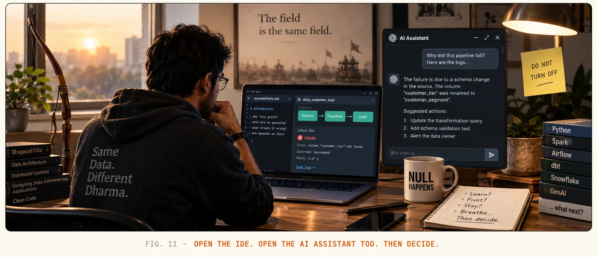Dawn at a desk. An engineer in a hoodie reading Same Data. Different Dharma. opens a laptop showing assumptions.md and a failed pipeline run, with an AI assistant panel explaining a schema change and suggesting fixes. A longbow leans against the window, a poster reads The field is the same field, and a sticky note reads DO NOT TURN OFF. Caption: Open the IDE. Open the AI assistant too. Then decide.