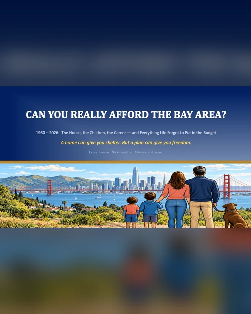 The article’s cover slide: the headline “Can You Really Afford The Bay Area?” over an illustration of a family of four and a dog looking out at the San Francisco skyline between the Golden Gate Bridge and the bay.
