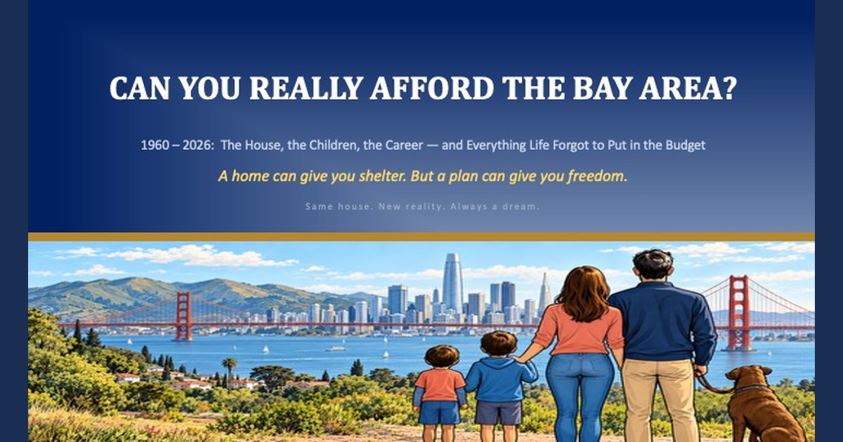 The article’s cover slide: the headline “Can You Really Afford The Bay Area?” over an illustration of a family of four and a dog looking out at the San Francisco skyline between the Golden Gate Bridge and the bay.