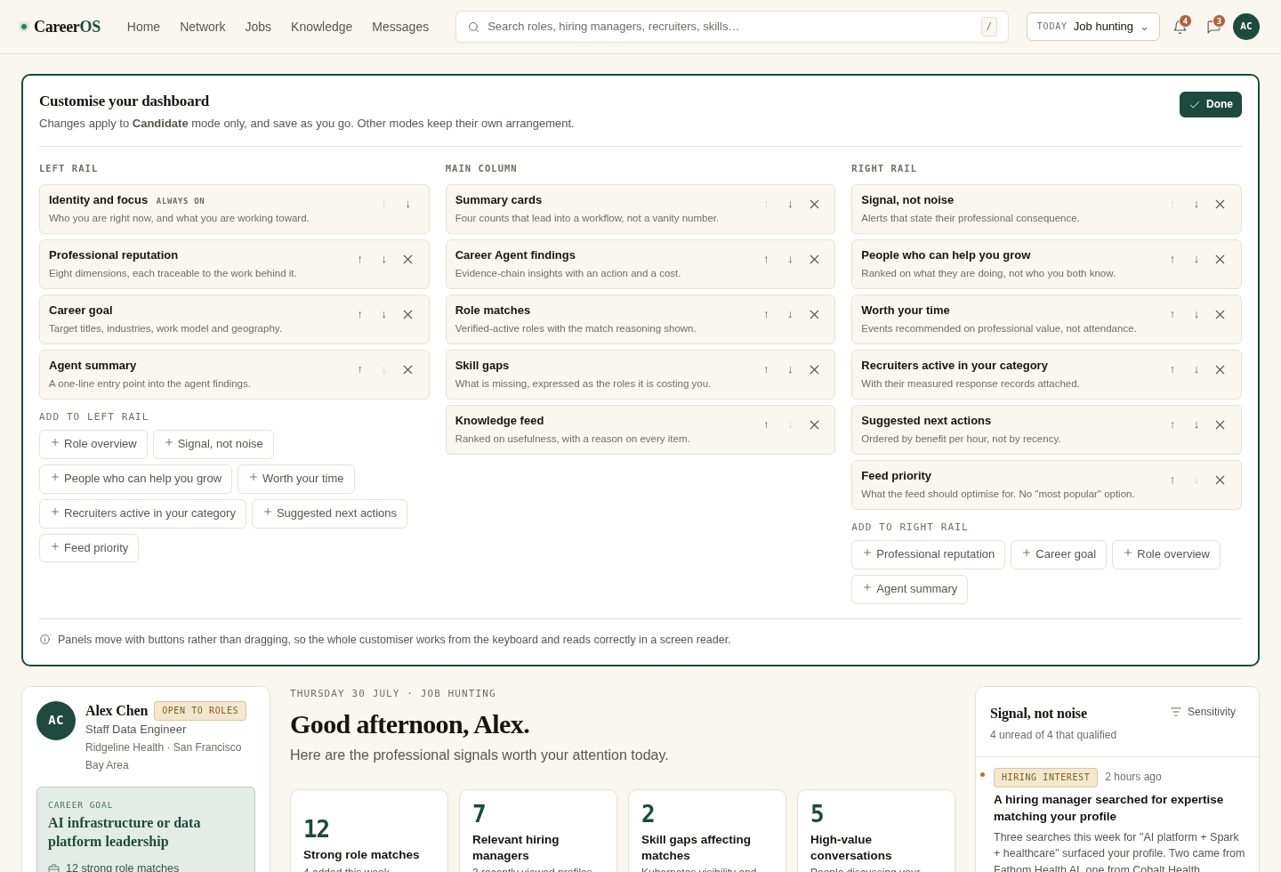 The CareerOS dashboard customiser open: three columns headed Left rail, Main column and Right rail, each listing its panels with up, down and remove controls, and chips underneath for adding panels that are not currently placed.
