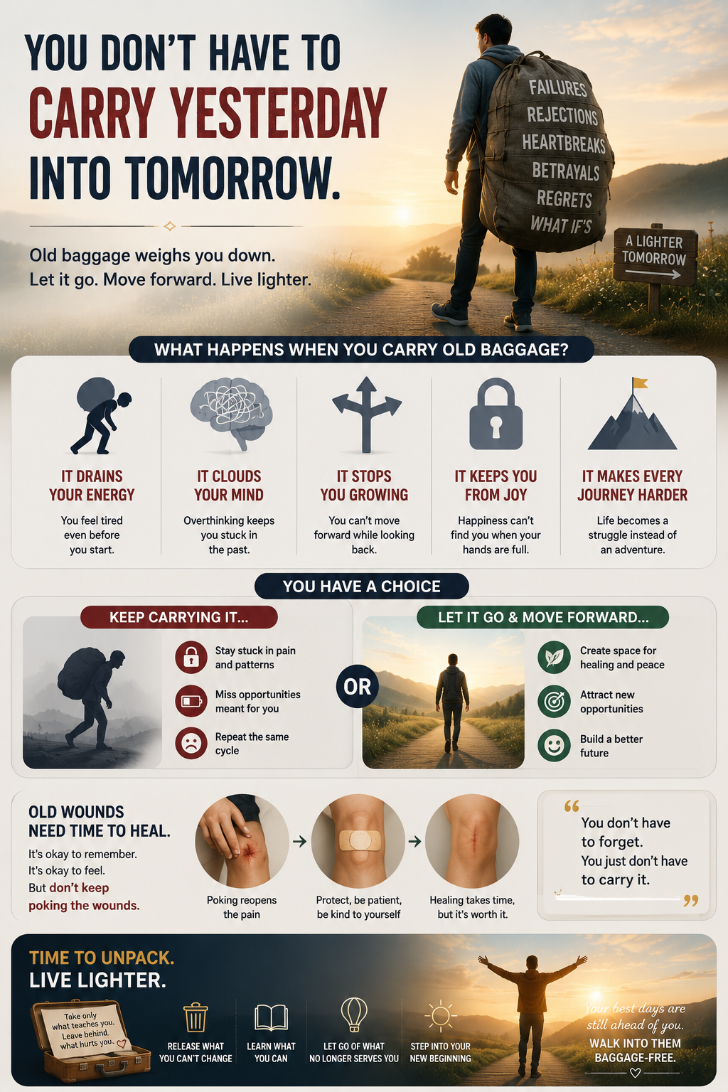 Infographic titled You Don't Have to Carry Yesterday Into Tomorrow, showing a figure with a backpack labeled failures, rejections, heartbreaks, betrayals, regrets, and what-ifs, walking toward a lighter tomorrow.
