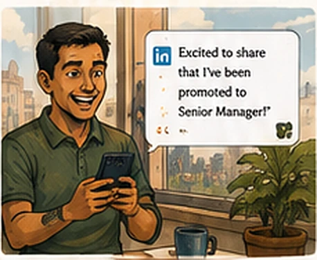 The friend, at his own desk, reading his promotion post on LinkedIn