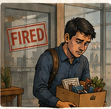 The same man carries a box of desk plants past a FIRED notice