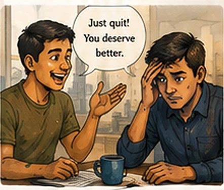 A friend leans in, grinning, telling a worn-out colleague to just quit