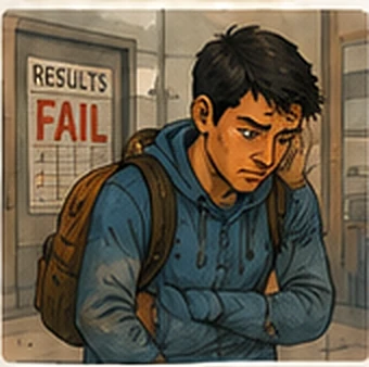 The student stands with his backpack in front of a results board reading FAIL