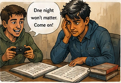 A friend with a game controller waves a student away from his open books