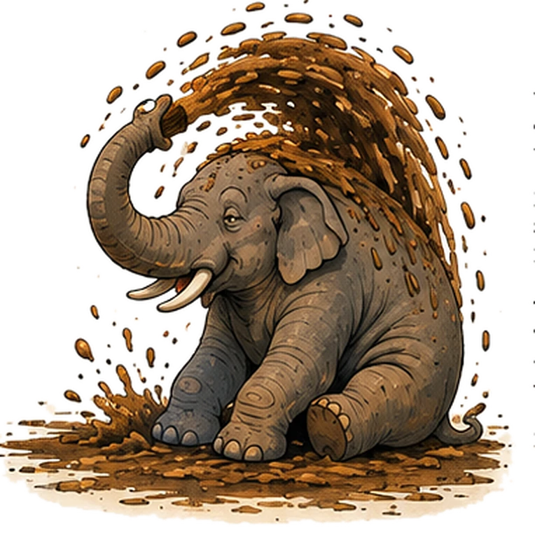 A seated elephant sweeps up mud with its trunk and flings the whole arc of it over its own head