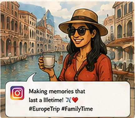 The sister on a European canal holiday, posting the photograph