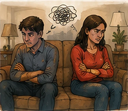 A husband and wife sit at opposite ends of a sofa, arms folded