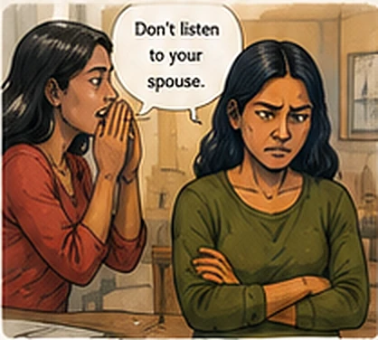 A sister whispers behind her hand to a wife who is already bristling