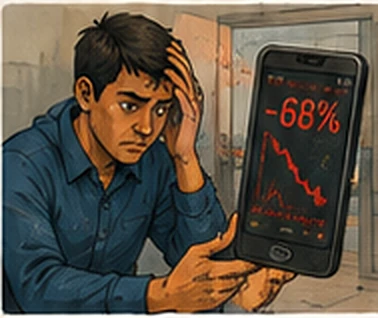 The investor, head in hand, holding a phone showing minus sixty-eight per cent