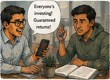 A colleague holds up his phone, promising guaranteed returns