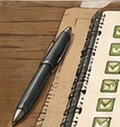 A pen lying across an open spiral notebook on a wooden desk