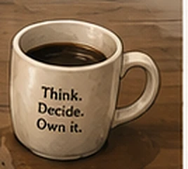 A coffee mug printed with the words Think. Decide. Own it.