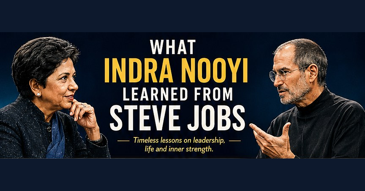 Indra Nooyi and Steve Jobs facing each other under the words “What Indra Nooyi learned from Steve Jobs”.