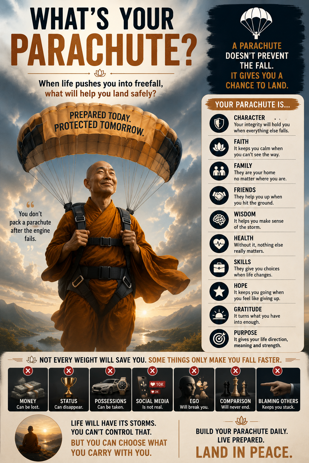Infographic titled What's Your Parachute, showing a monk descending safely by parachute at sunset, with a list of what a parachute is made of — character, faith, family, friends, wisdom, health, skills, hope, gratitude, purpose — and a warning that money, status, possessions, social media, ego, comparison, and blame only make you fall faster.
