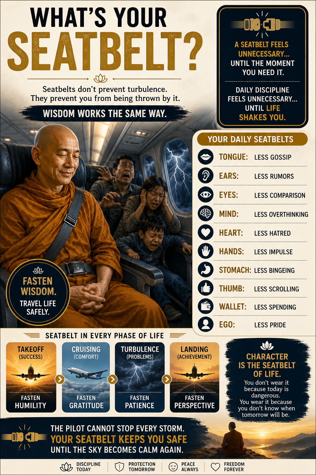 What's Your Seatbelt, What's Your Parachute — a calm monk fastened safely through turbulence, and a monk descending safely by parachute at sunset.