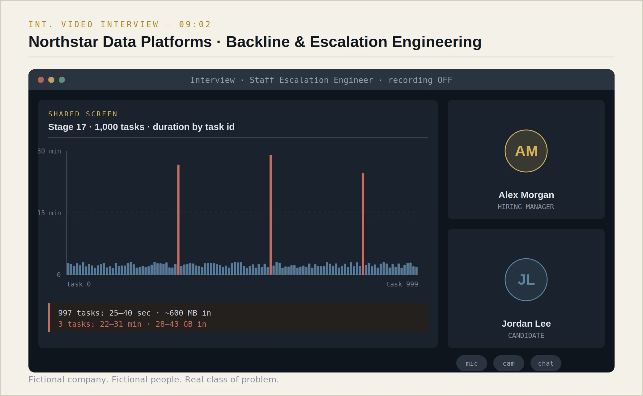 A video-call window titled “Interview · Staff Escalation Engineer”. The shared screen shows a bar chart of 1,000 Spark tasks: a flat band of short blue bars with three tall red spikes. An annotation reads “997 tasks: 25–40 sec, ~600 MB in / 3 tasks: 22–31 min, 28–43 GB in”. Two participant tiles on the right read Alex Morgan, hiring manager, and Jordan Lee, candidate.