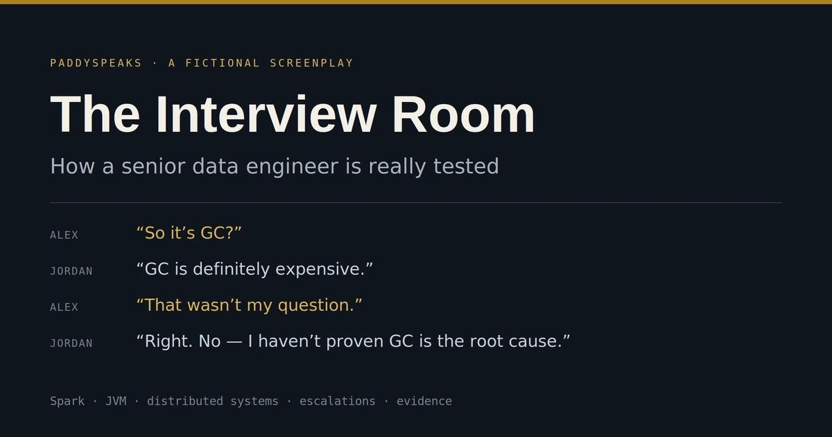 A dark title card reading “The Interview Room — how a senior data engineer is really tested”, with four lines of interview dialogue beneath it.