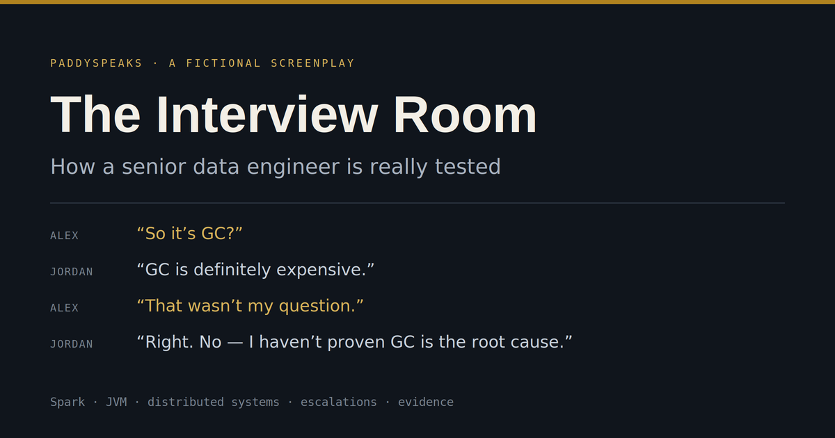 A dark title card reading “The Interview Room” above four lines of interview dialogue ending in “Right. No — I haven’t proven GC is the root cause.”
