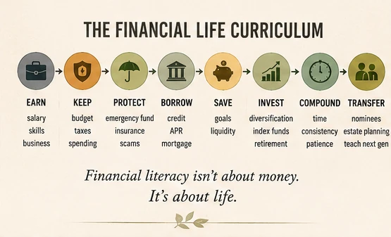 The financial life curriculum as eight illustrated stages in a row: Earn (salary, skills, business), Keep (budget, taxes, spending), Protect (emergency fund, insurance, scams), Borrow (credit, APR, mortgage), Save (goals, liquidity), Invest (diversification, index funds, retirement), Compound (time, consistency, patience) and Transfer (nominees, estate planning, teach next gen). Beneath: financial literacy isn’t about money, it’s about life.