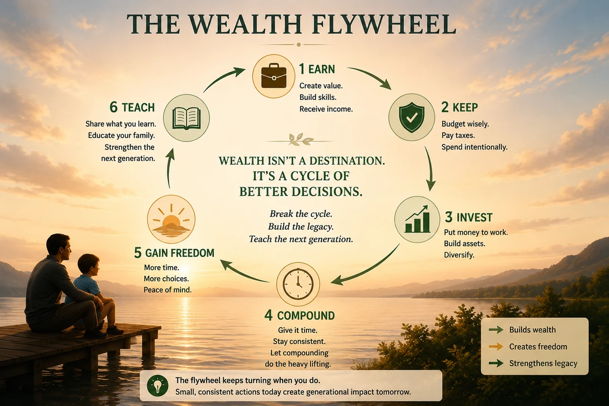 The wealth flywheel: six stages arranged in a circle over a photograph of a parent and child watching the sun rise from a wooden pier. 1 Earn — create value, build skills, receive income. 2 Keep — budget wisely, pay taxes, spend intentionally. 3 Invest — put money to work, build assets, diversify. 4 Compound — give it time, stay consistent, let compounding do the heavy lifting. 5 Gain Freedom — more time, more choices, peace of mind. 6 Teach — share what you learn, educate your family, strengthen the next generation. An arrow carries Teach back round to Earn. At the centre: wealth isn’t a destination, it’s a cycle of better decisions.