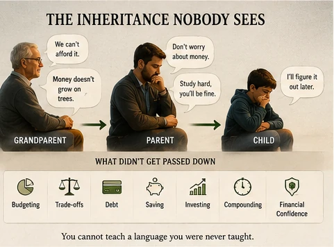 Three seated figures — a grandparent, a parent and a child — each with speech bubbles carrying the money phrases they pass along: ‘We can’t afford it’, ‘Money doesn’t grow on trees’, ‘Don’t worry about money’, ‘Study hard, you’ll be fine’, ‘I’ll figure it out later’.