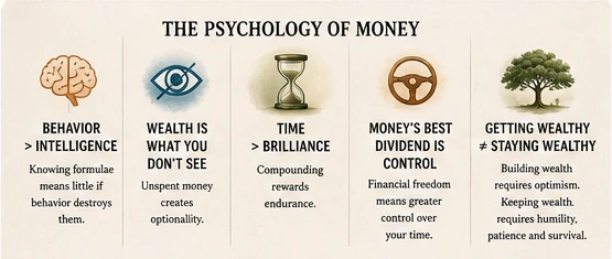 The psychology of money as five illustrated panels: a brain for Behaviour over Intelligence, a crossed-out eye for Wealth Is What You Don’t See, an hourglass for Time over Brilliance, a steering wheel for Money’s Best Dividend Is Control, and a broad tree for Getting Wealthy is not Staying Wealthy.