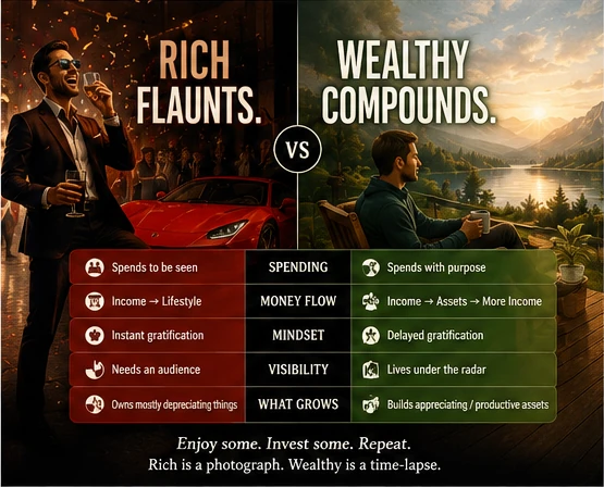 A split image. On the left, under the words RICH FLAUNTS, a man in sunglasses raises a glass beside a red sports car amid confetti and a watching crowd. On the right, under WEALTHY COMPOUNDS, a man sits alone with a mug on a deck above a quiet lake at sunrise.