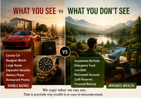 A split photograph. On the left, a red sports car, designer shopping bags and a large glass house at sunset. On the right, a lake below forested mountains at sunrise.