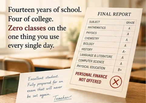 A school report card showing straight A’s, with a final line reading “Personal Finance — Not Offered” beside a handwritten teacher’s note.