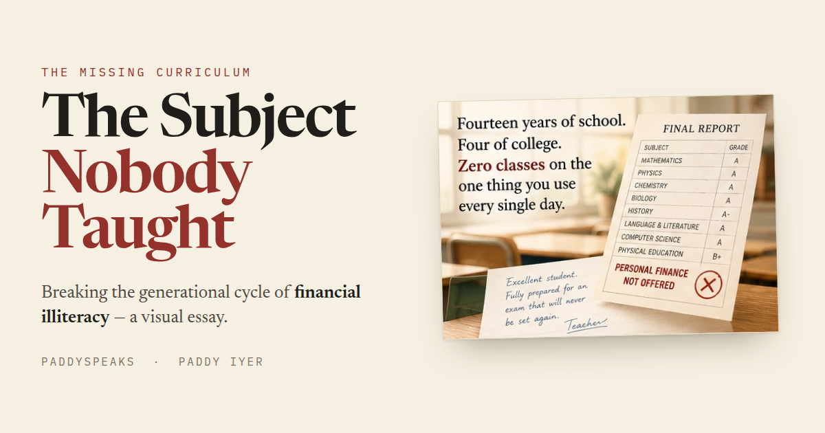 A school report card showing straight A’s, with a final line reading “Personal Finance — Not Offered”.